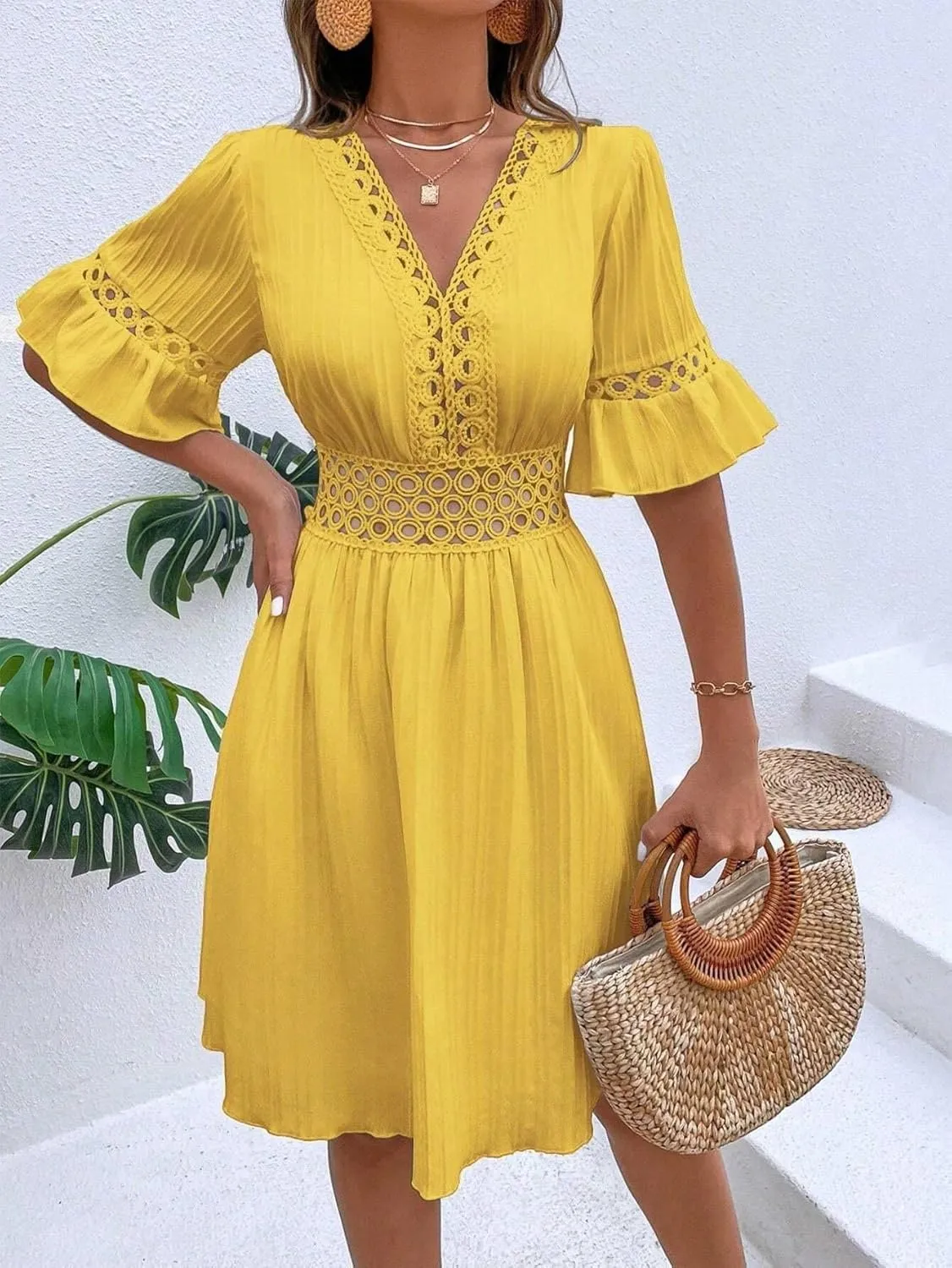2025 Summer Dresses for Women Boho Dress Ruffle Short Sleeve Aline Flowy Above Knee Cute Casual Tshirt Dress
