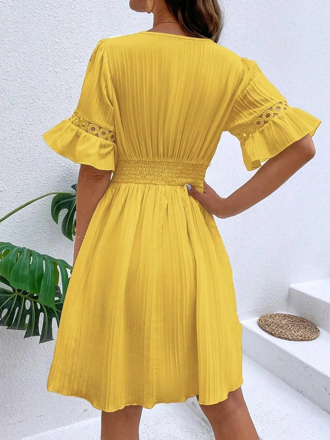 2025 Summer Dresses for Women Boho Dress Ruffle Short Sleeve Aline Flowy Above Knee Cute Casual Tshirt Dress