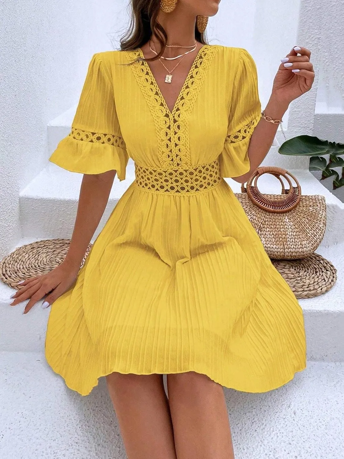 2025 Summer Dresses for Women Boho Dress Ruffle Short Sleeve Aline Flowy Above Knee Cute Casual Tshirt Dress
