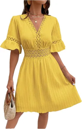 2025 Summer Dresses for Women Boho Dress Ruffle Short Sleeve Aline Flowy Above Knee Cute Casual Tshirt Dress