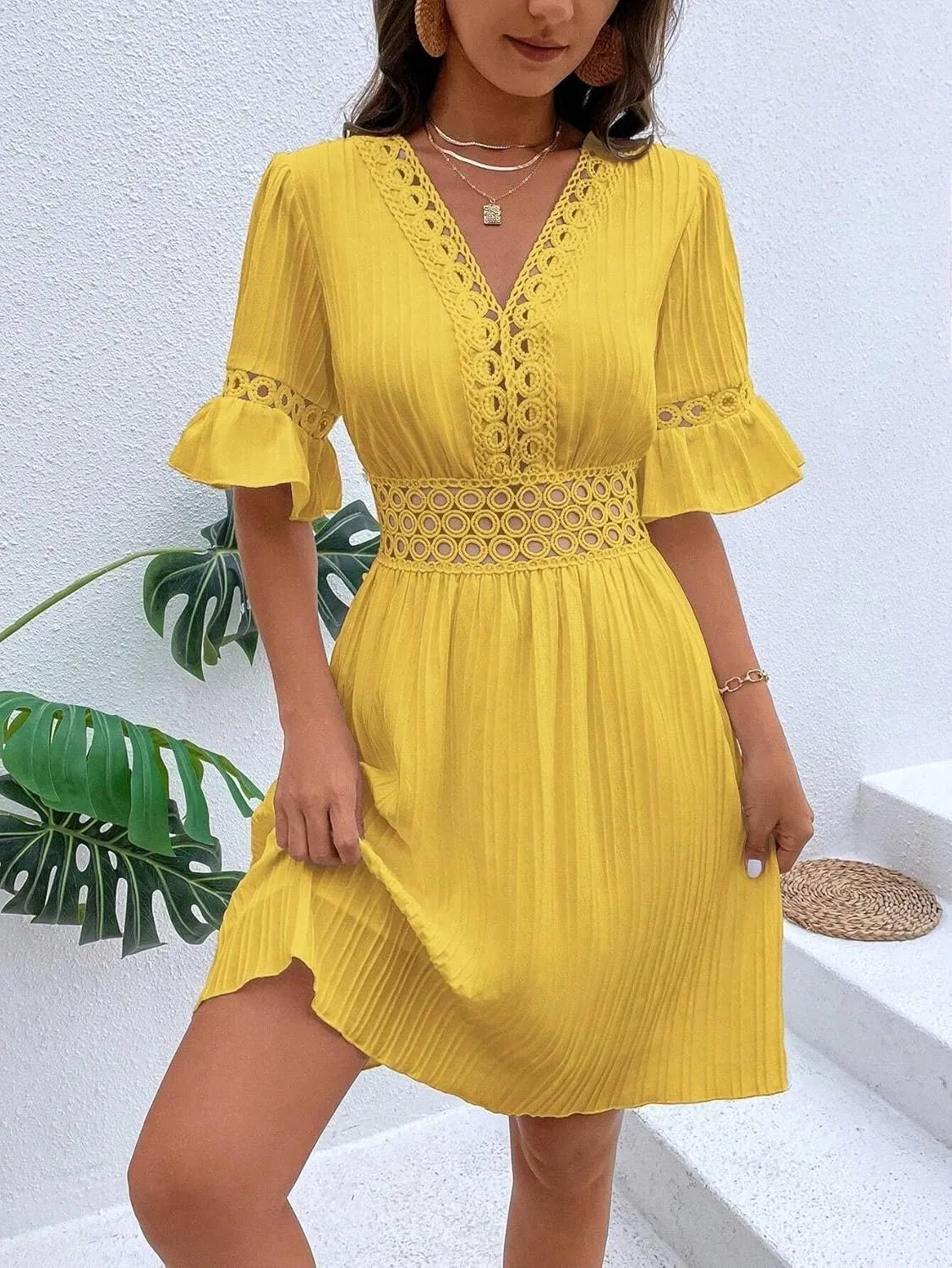 2025 Summer Dresses for Women Boho Dress Ruffle Short Sleeve Aline Flowy Above Knee Cute Casual Tshirt Dress