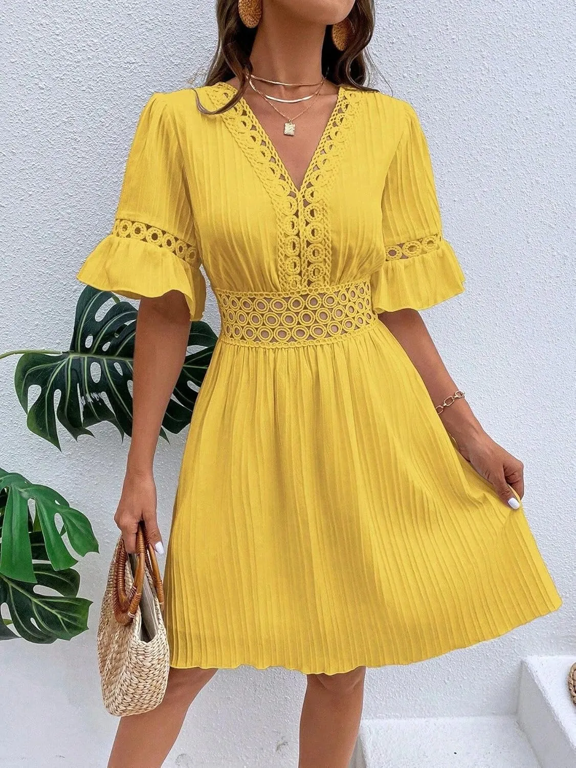 2025 Summer Dresses for Women Boho Dress Ruffle Short Sleeve Aline Flowy Above Knee Cute Casual Tshirt Dress
