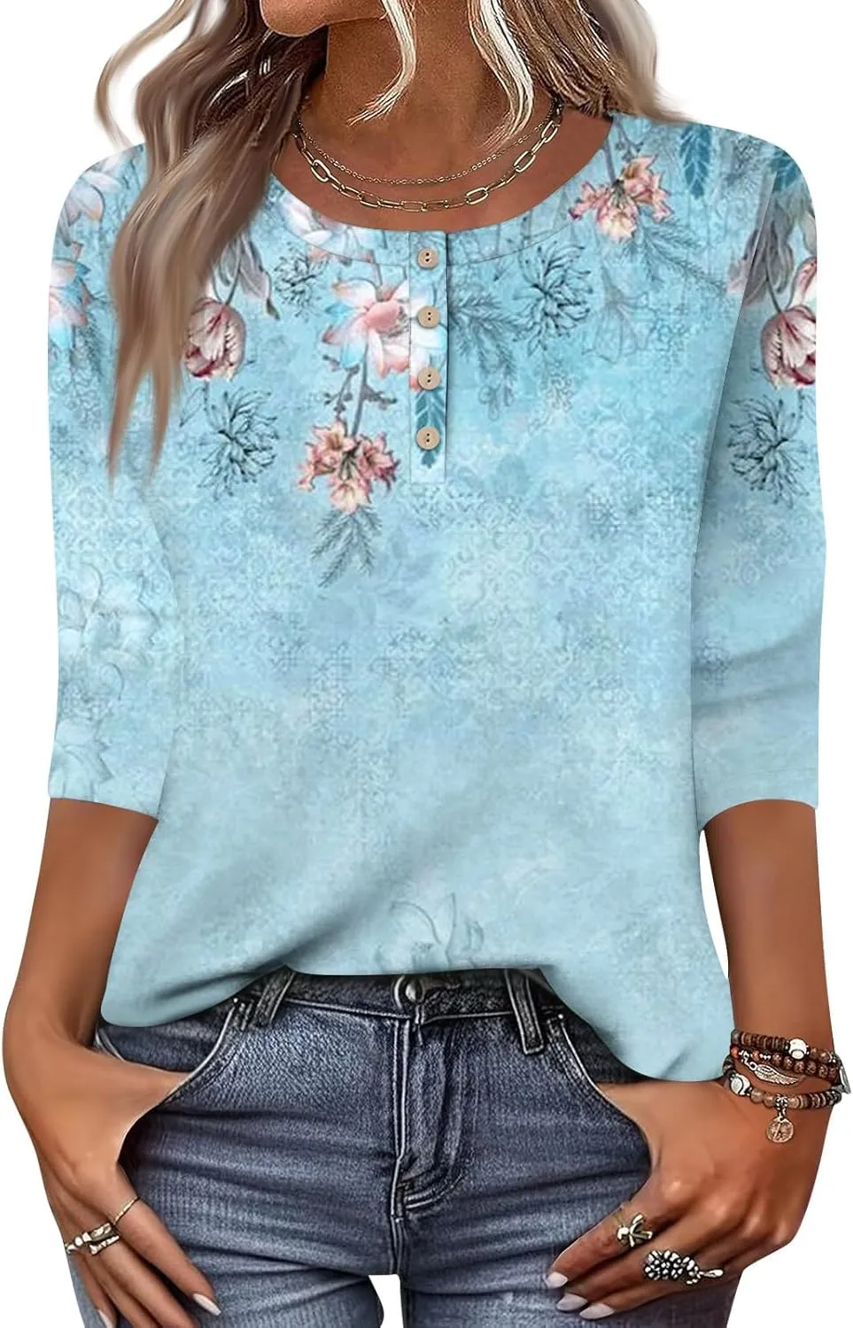 3/4 Length Sleeve Womens Summer Tops 2025 Button Crew Neck Blouses Dressy Casual Loose Fit Floral/Patriotic Shirts