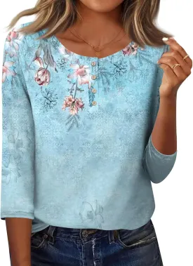 3/4 Length Sleeve Womens Summer Tops 2025 Button Crew Neck Blouses Dressy Casual Loose Fit Floral/Patriotic Shirts