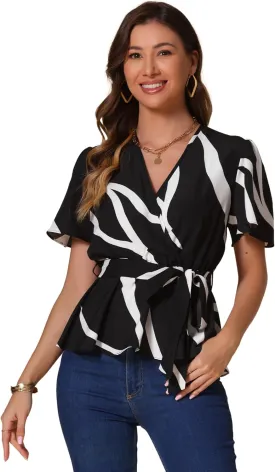 Allegra K Printed Peplum Top for Women's Flutter Sleeves Elastic Waist Belt Wrap V Neck Blouse