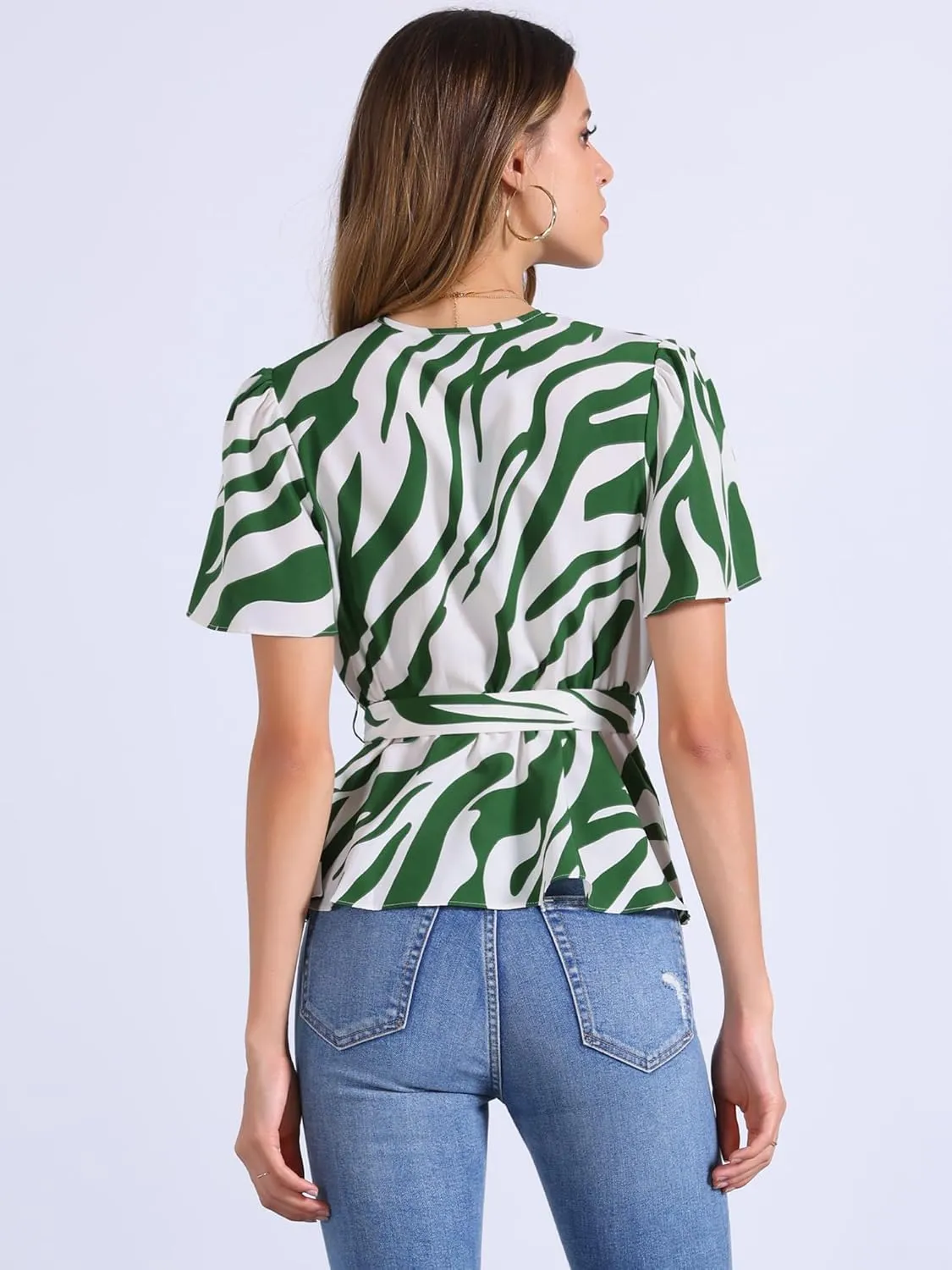 Allegra K Printed Peplum Top for Women's Flutter Sleeves Elastic Waist Belt Wrap V Neck Blouse