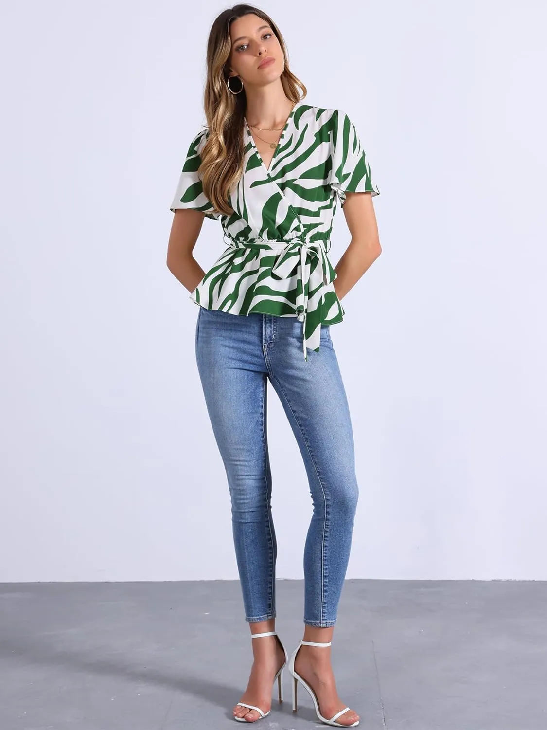 Allegra K Printed Peplum Top for Women's Flutter Sleeves Elastic Waist Belt Wrap V Neck Blouse