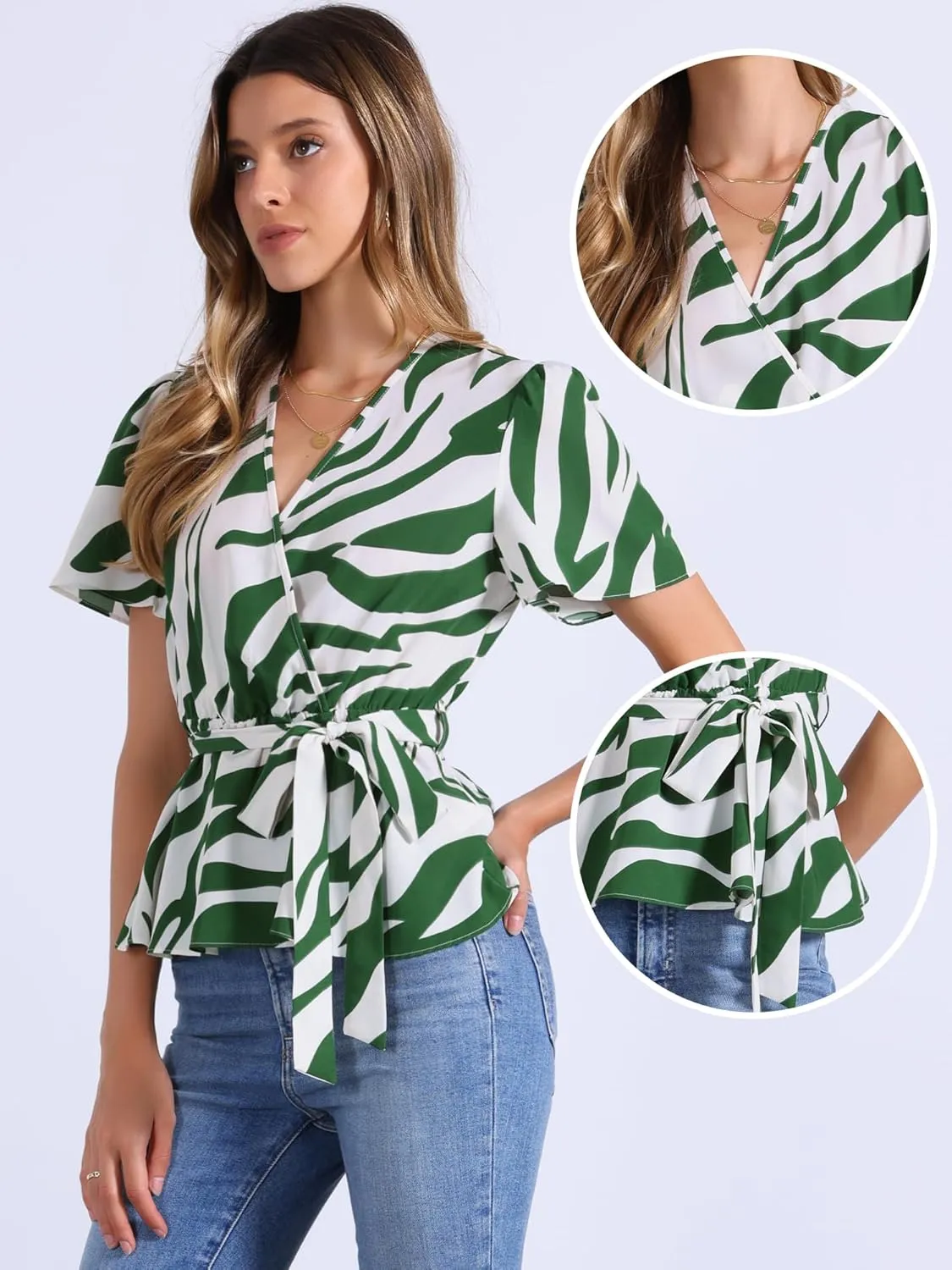 Allegra K Printed Peplum Top for Women's Flutter Sleeves Elastic Waist Belt Wrap V Neck Blouse
