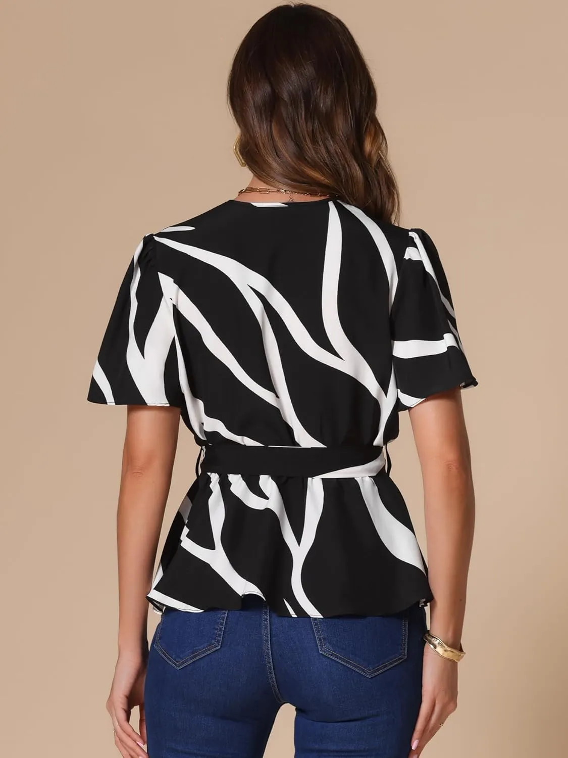 Allegra K Printed Peplum Top for Women's Flutter Sleeves Elastic Waist Belt Wrap V Neck Blouse
