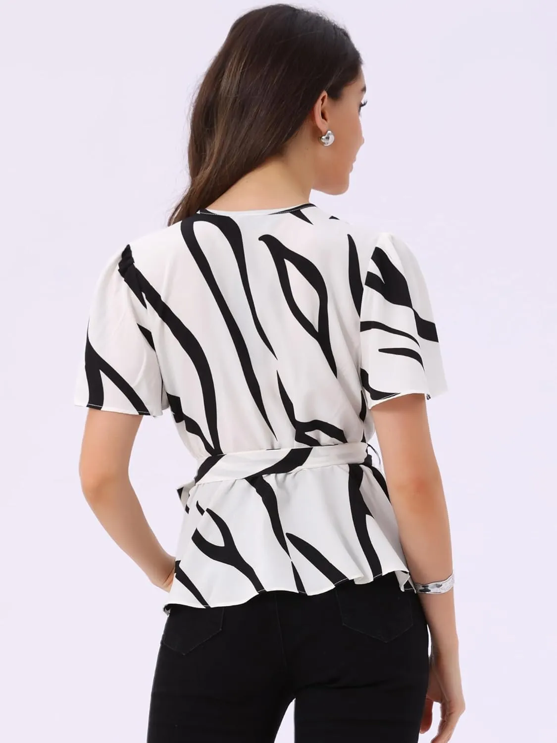 Allegra K Printed Peplum Top for Women's Flutter Sleeves Elastic Waist Belt Wrap V Neck Blouse