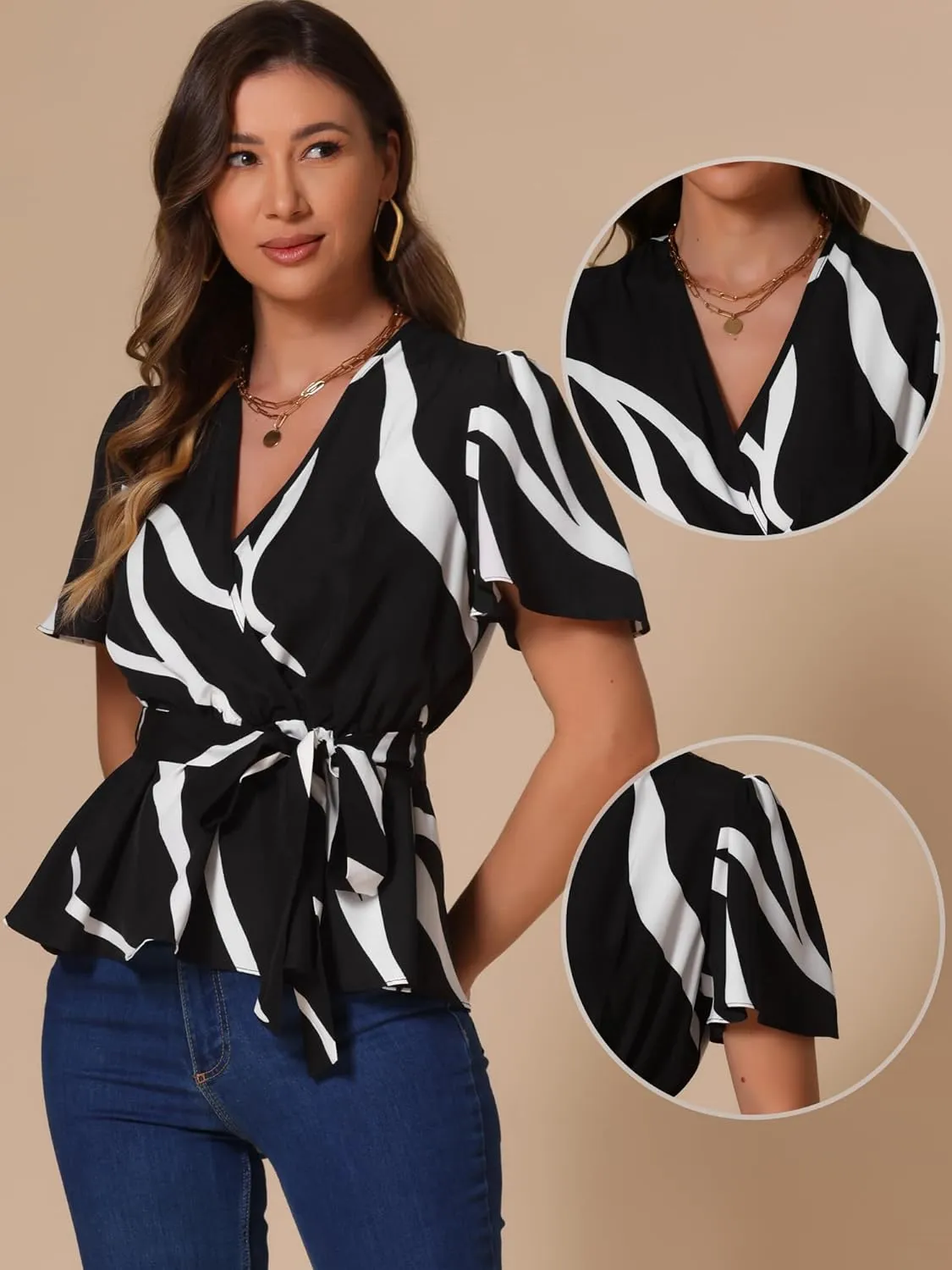 Allegra K Printed Peplum Top for Women's Flutter Sleeves Elastic Waist Belt Wrap V Neck Blouse