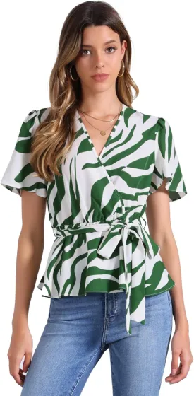 Allegra K Printed Peplum Top for Women's Flutter Sleeves Elastic Waist Belt Wrap V Neck Blouse
