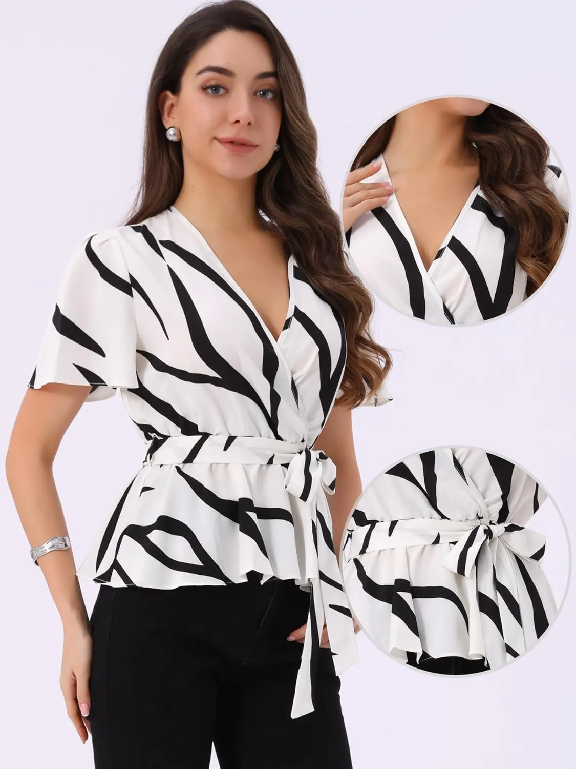 Allegra K Printed Peplum Top for Women's Flutter Sleeves Elastic Waist Belt Wrap V Neck Blouse