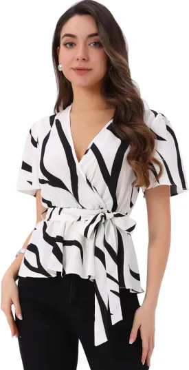 Allegra K Printed Peplum Top for Women's Flutter Sleeves Elastic Waist Belt Wrap V Neck Blouse