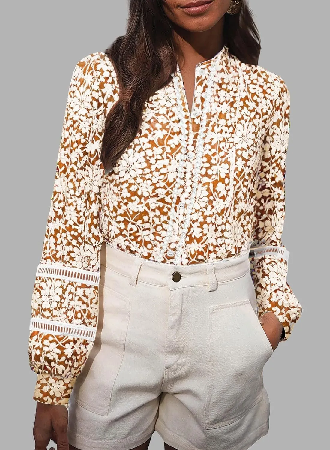 Astylish Womens Floral Printed Mock Neck Shirt Button Down Eyelet Blouse Tops