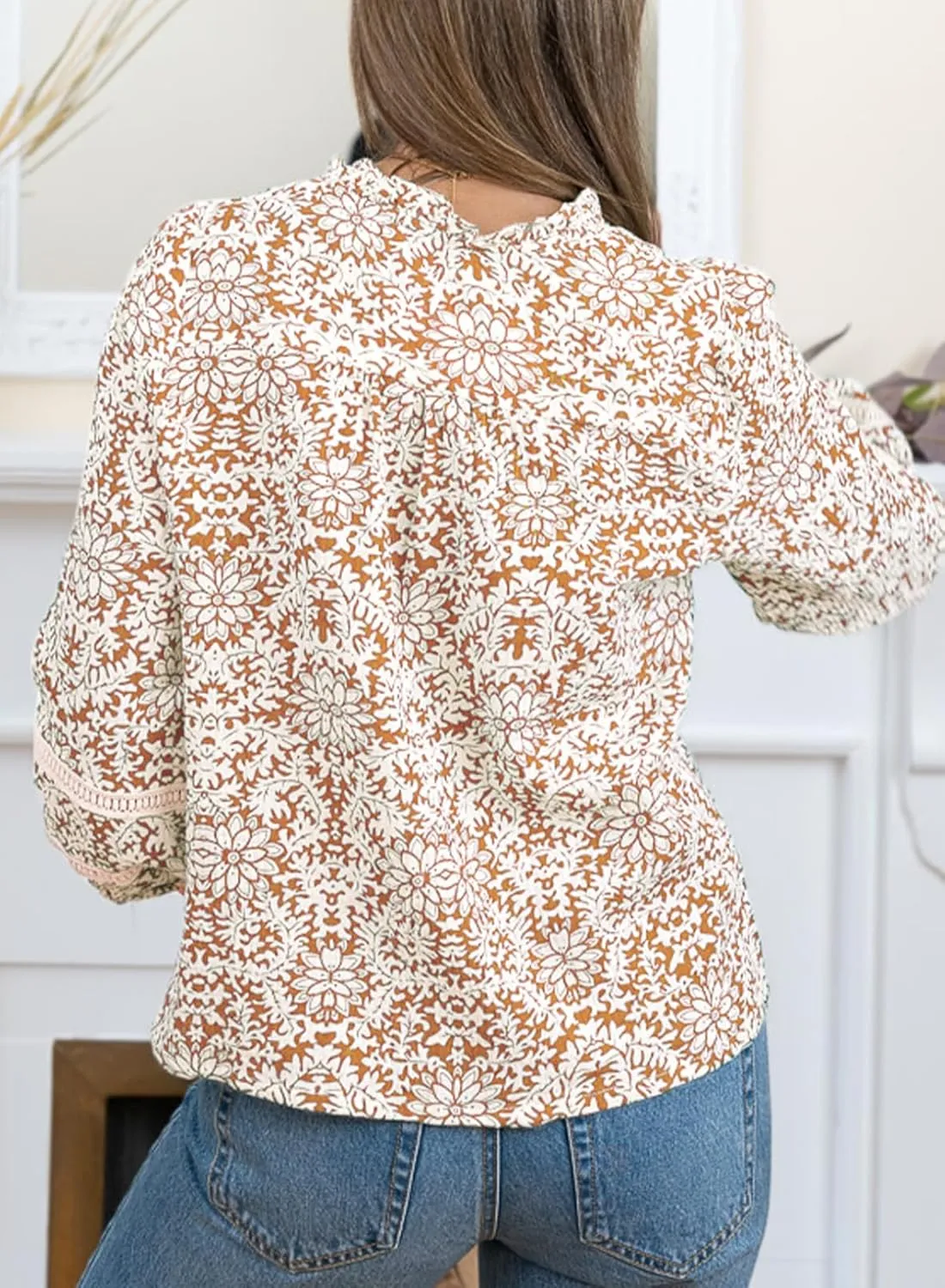 Astylish Womens Floral Printed Mock Neck Shirt Button Down Eyelet Blouse Tops
