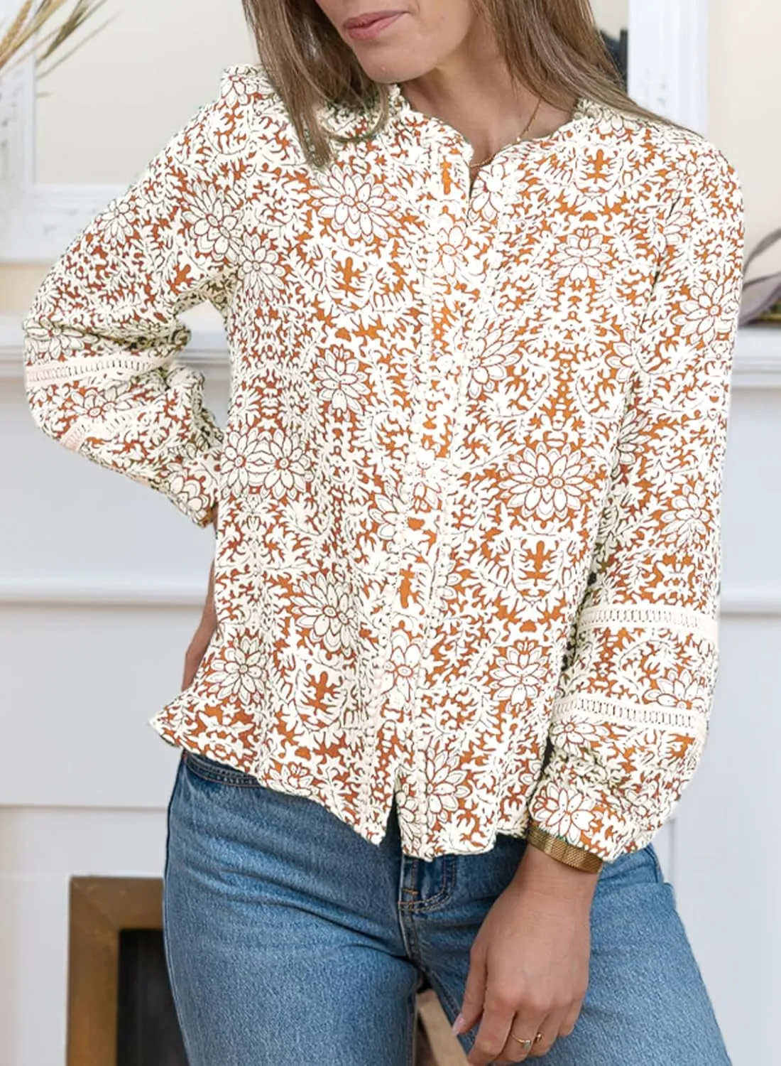 Astylish Womens Floral Printed Mock Neck Shirt Button Down Eyelet Blouse Tops