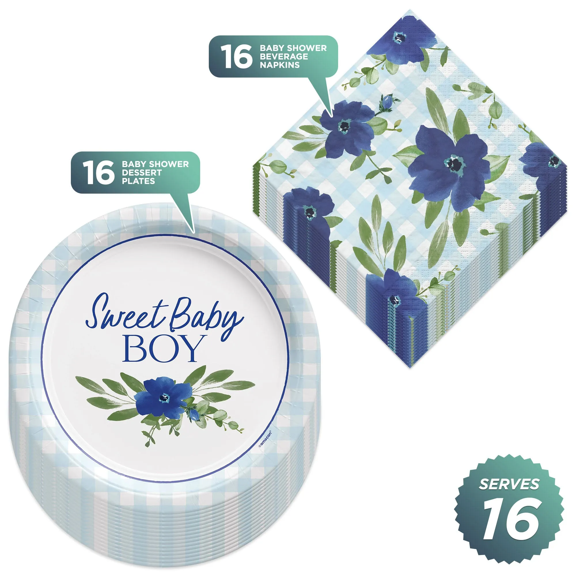 Baby Shower Party Baby In Bloom Blue Gingham & Floral Paper Dessert Plates and Beverage Napkins (Serves 16)