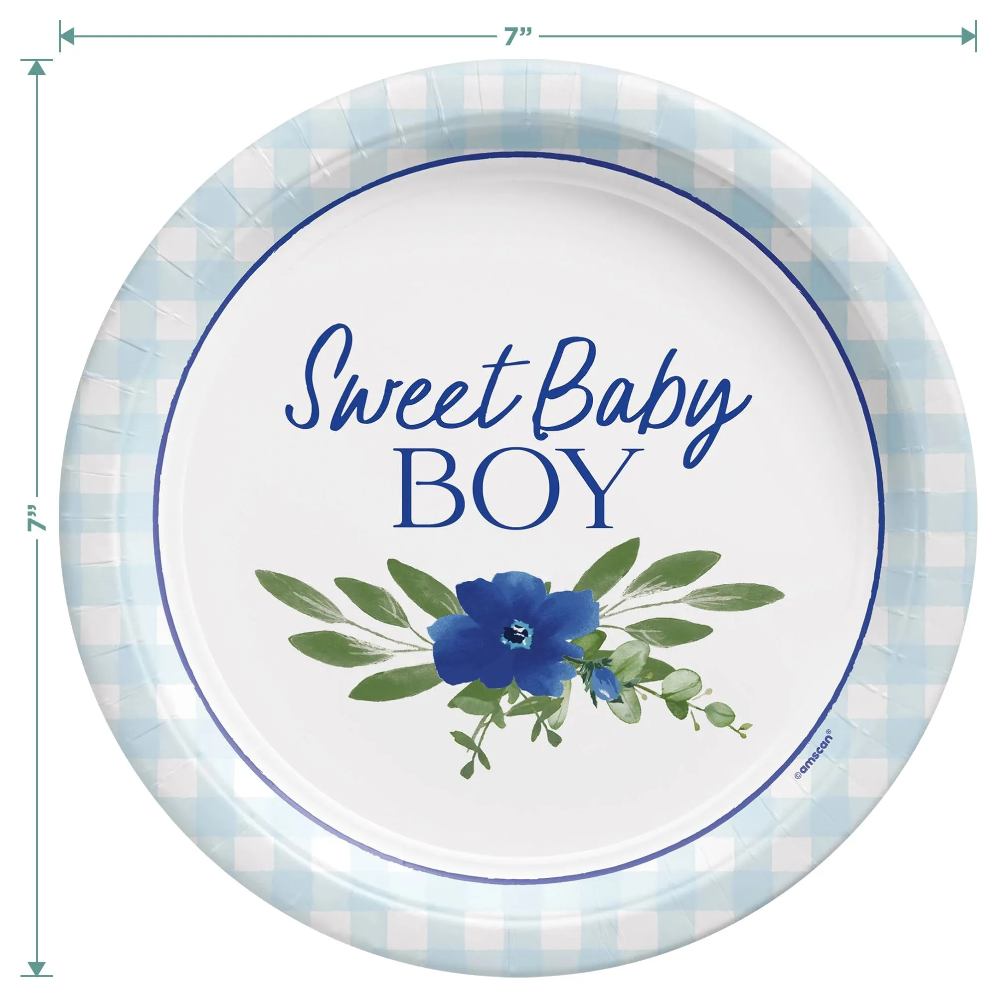 Baby Shower Party Baby In Bloom Blue Gingham & Floral Paper Dessert Plates and Beverage Napkins (Serves 16)