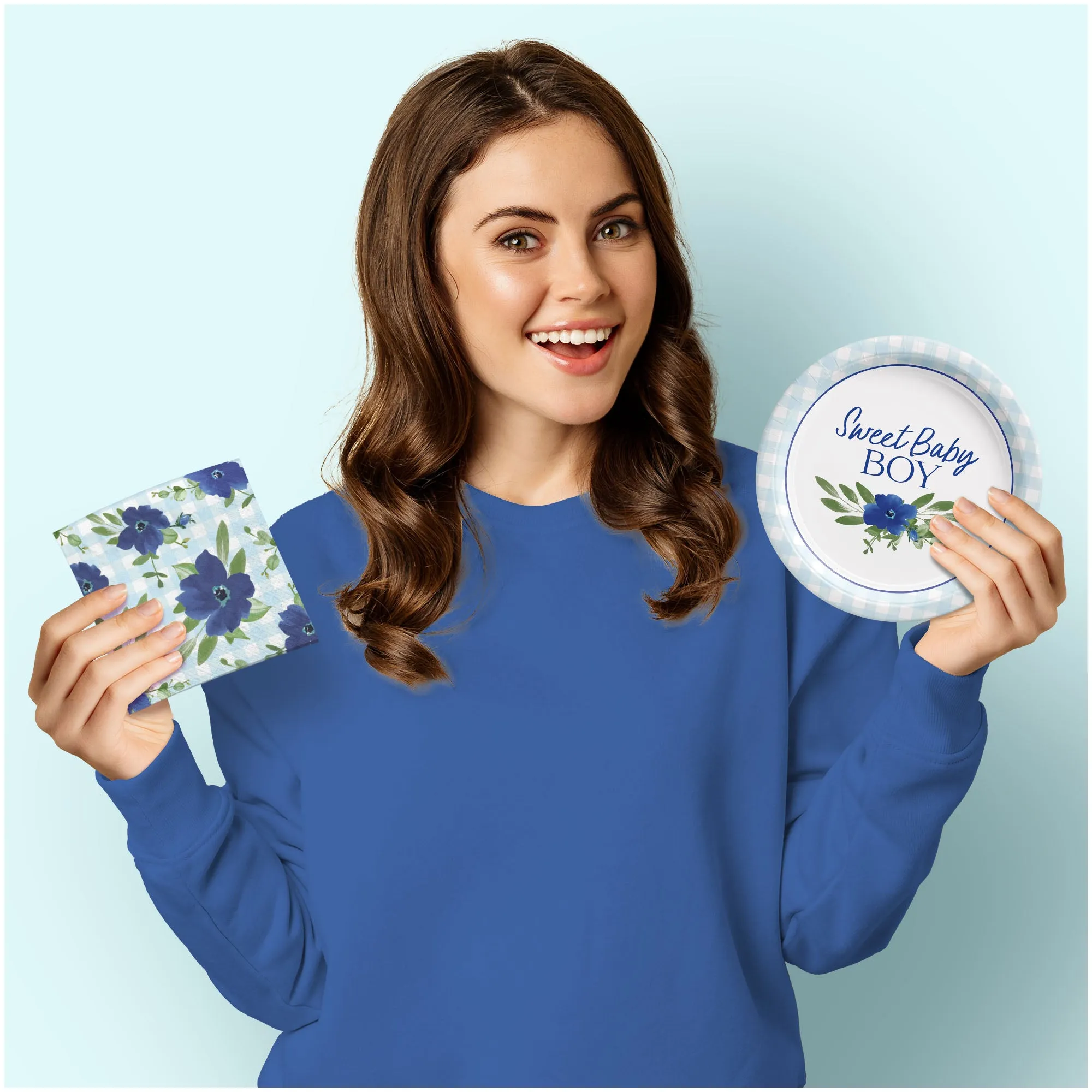 Baby Shower Party Baby In Bloom Blue Gingham & Floral Paper Dessert Plates and Beverage Napkins (Serves 16)