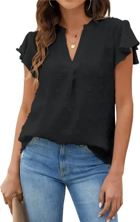 Blooming Jelly Womens White Blouse V Neck Ruffle Sleeve Flowy Shirts Dressy Casual Cute Summer Tops