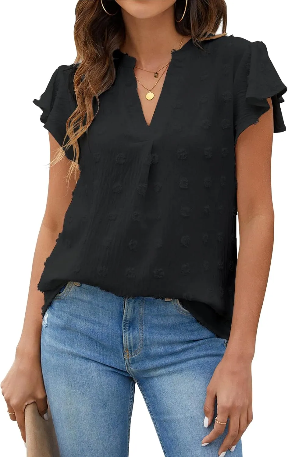 Blooming Jelly Womens White Blouse V Neck Ruffle Sleeve Flowy Shirts Dressy Casual Cute Summer Tops