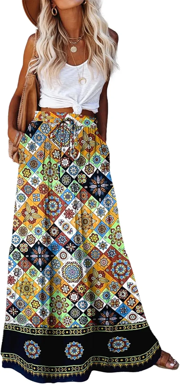 Bsubseach Women Boho Floral Maxi Skirt Elastic High Waist Flowy Ruffle Long Skirts Casual A Line Skirts with Pockets