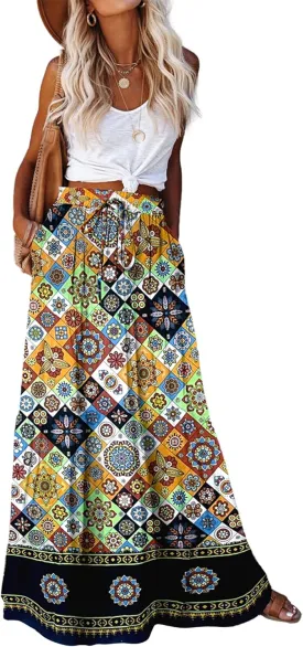 Bsubseach Women Boho Floral Maxi Skirt Elastic High Waist Flowy Ruffle Long Skirts Casual A Line Skirts with Pockets