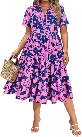 CARCOS Plus Size Dresses for Curvy Women Collared Vneck Short Sleeve Dresses Midi Summer Ruffle Dress with Pocket XL-5XL