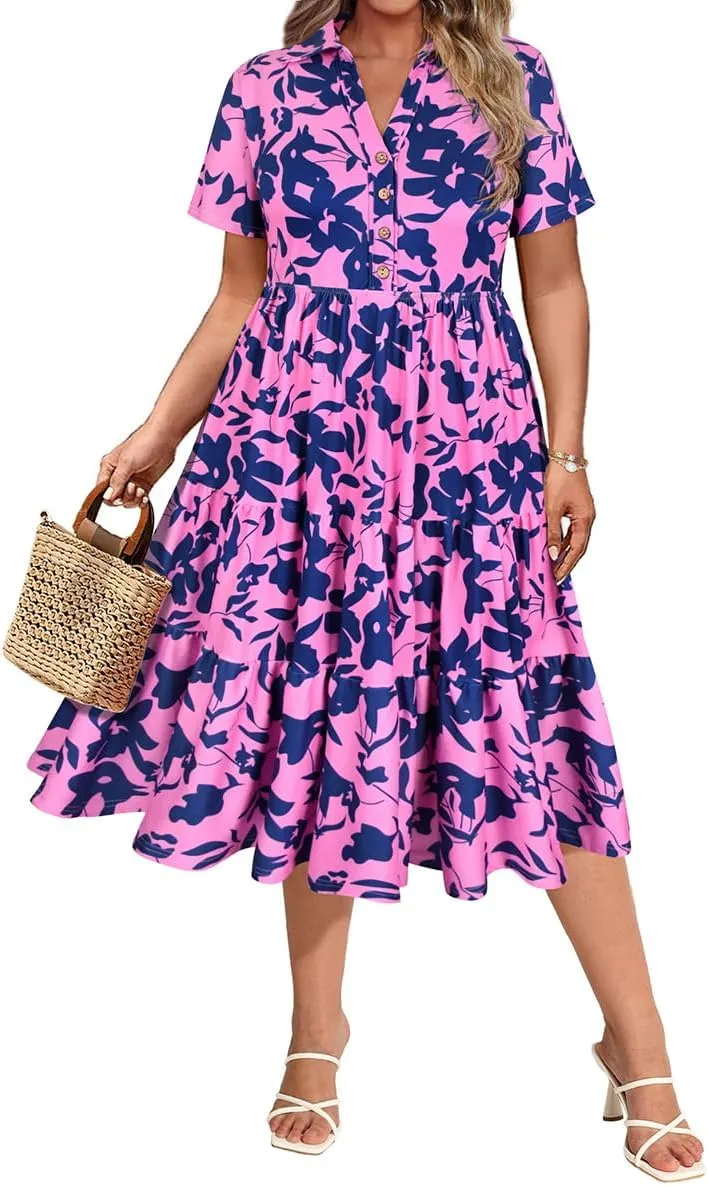 CARCOS Plus Size Dresses for Curvy Women Collared Vneck Short Sleeve Dresses Midi Summer Ruffle Dress with Pocket XL-5XL