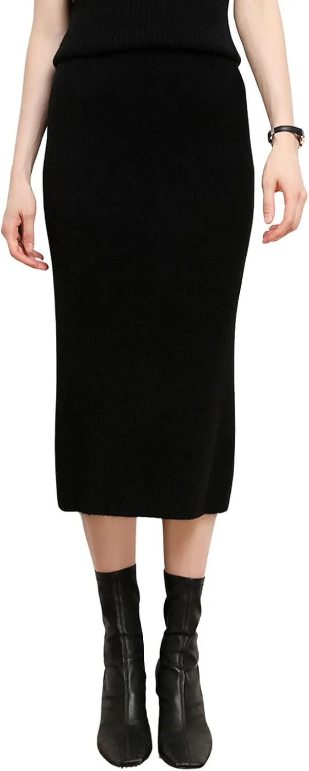 chouyatou Women's Fall Elastic High Waist Midi Rib Knit Skirt Office Work Bodycon Sweater Pencil Skirt
