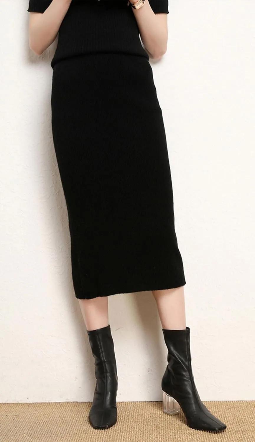 chouyatou Women's Fall Elastic High Waist Midi Rib Knit Skirt Office Work Bodycon Sweater Pencil Skirt