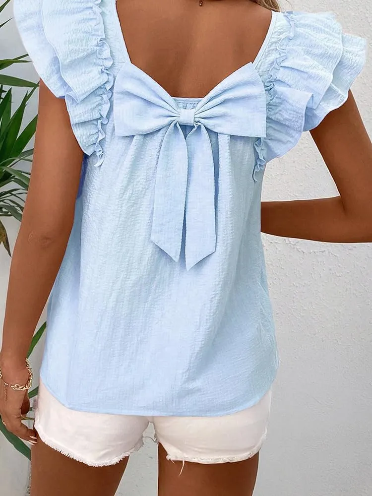 Chvity Women Textured Butterfly Sleeve Blouse Casual Loose Fit Bow Short Sleeve Tops Going Out Office Work Shirts