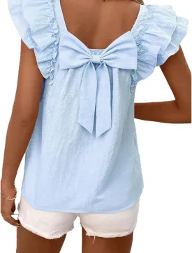 Chvity Women Textured Butterfly Sleeve Blouse Casual Loose Fit Bow Short Sleeve Tops Going Out Office Work Shirts