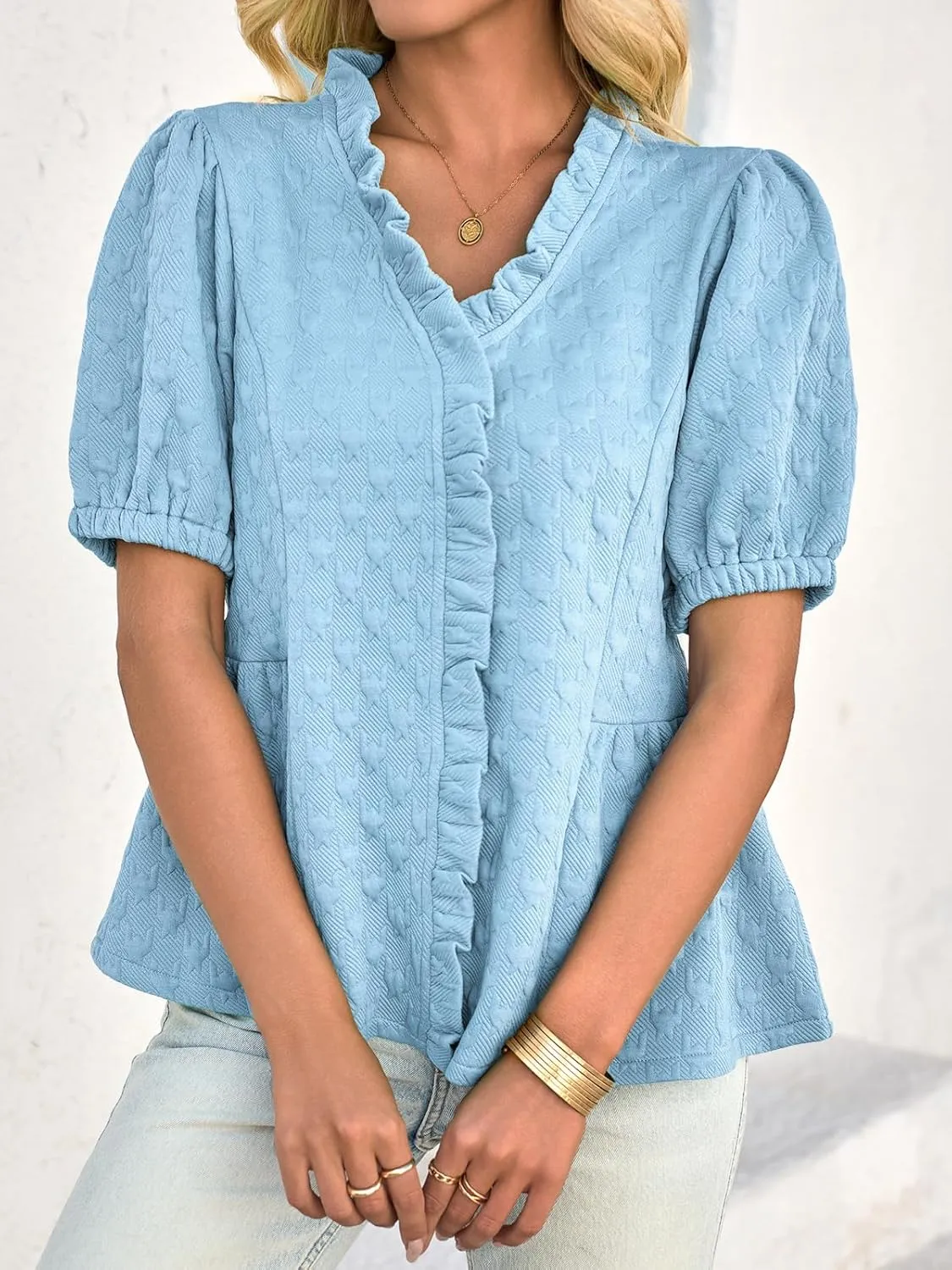 Cicy Bell Womens Peplum Puff Sleeve Tops Dressy Casual Summer Textured Blouses V Neck Ruffle Pleated Shirts