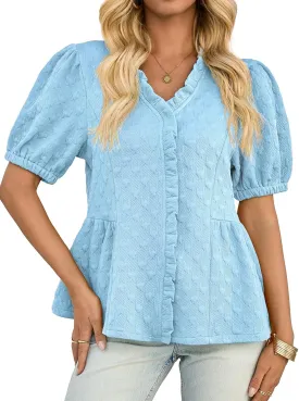 Cicy Bell Womens Peplum Puff Sleeve Tops Dressy Casual Summer Textured Blouses V Neck Ruffle Pleated Shirts