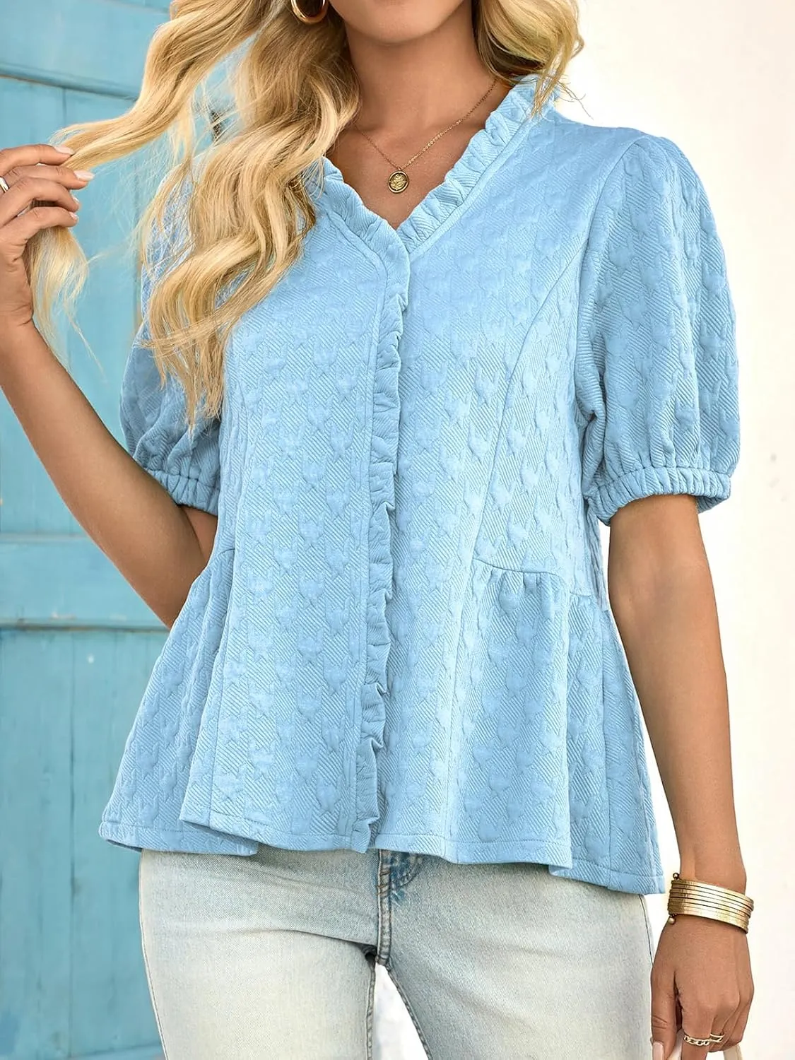Cicy Bell Womens Peplum Puff Sleeve Tops Dressy Casual Summer Textured Blouses V Neck Ruffle Pleated Shirts