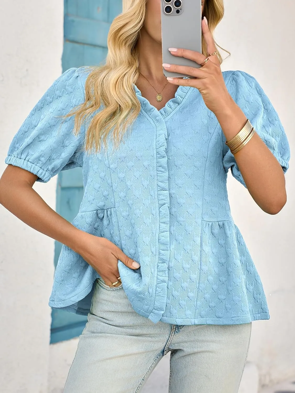Cicy Bell Womens Peplum Puff Sleeve Tops Dressy Casual Summer Textured Blouses V Neck Ruffle Pleated Shirts