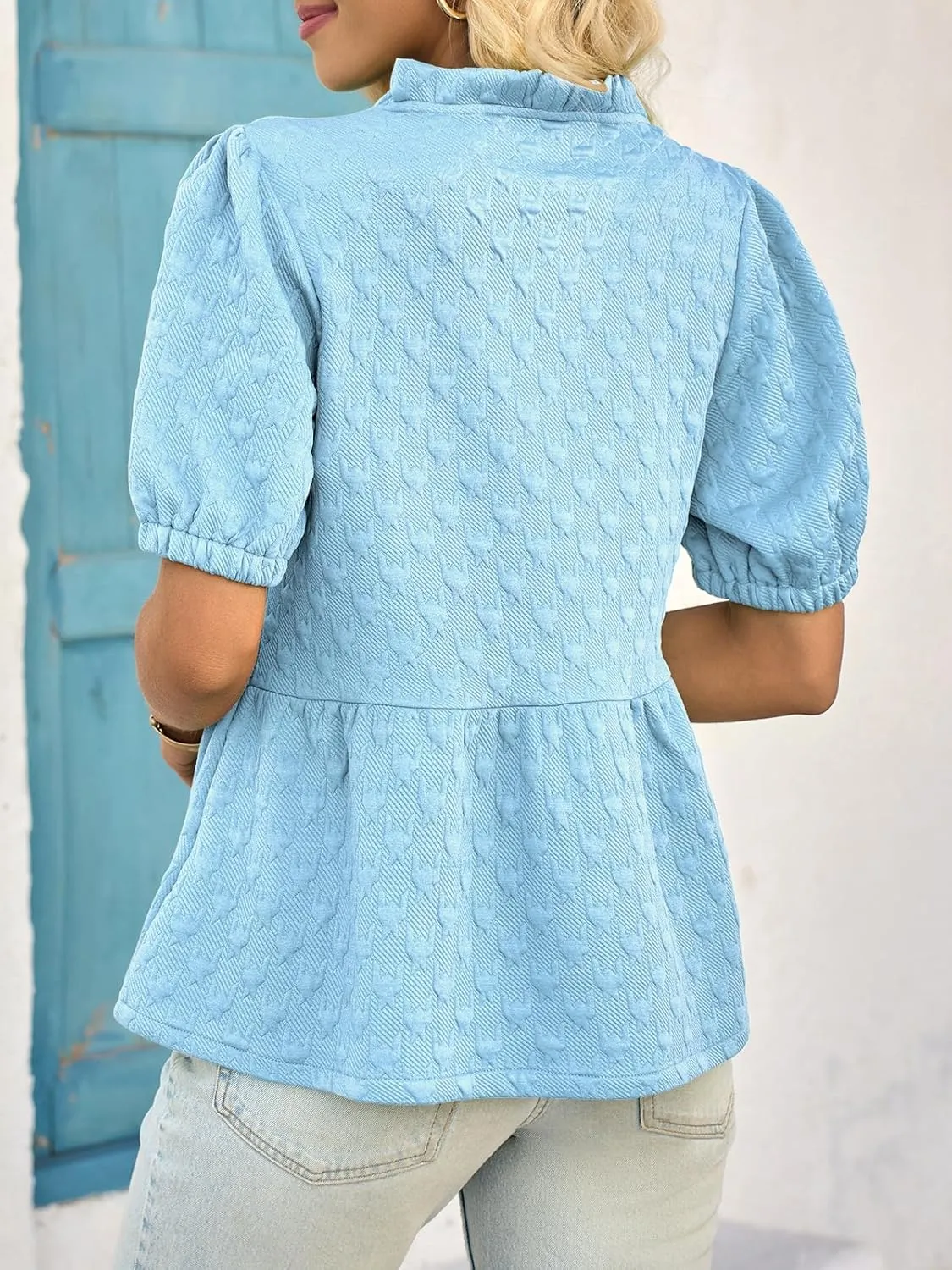 Cicy Bell Womens Peplum Puff Sleeve Tops Dressy Casual Summer Textured Blouses V Neck Ruffle Pleated Shirts