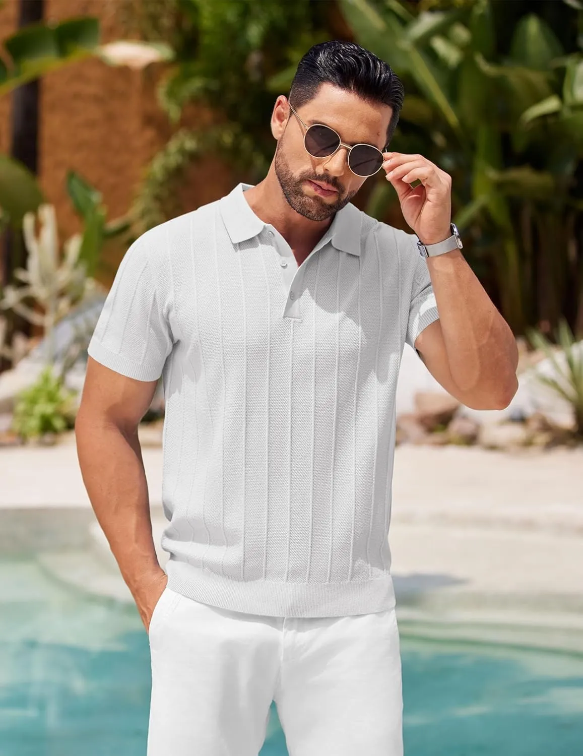 COOFANDY Mens Knit Polo Shirts Short Sleeve Ribbed Textured Polo Shirt Lightweight Casual Golf Shirts Collared T Shirt