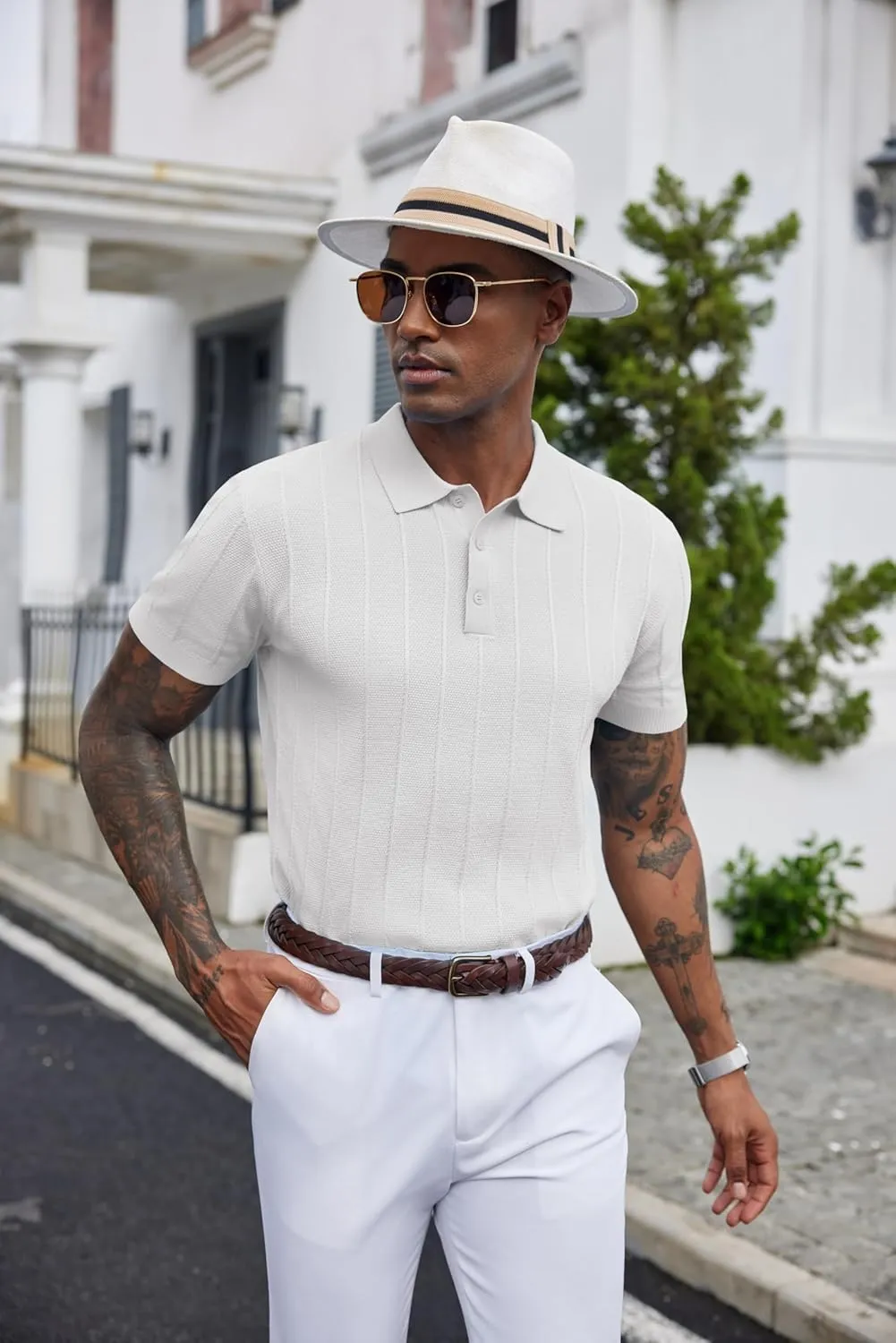 COOFANDY Mens Knit Polo Shirts Short Sleeve Ribbed Textured Polo Shirt Lightweight Casual Golf Shirts Collared T Shirt