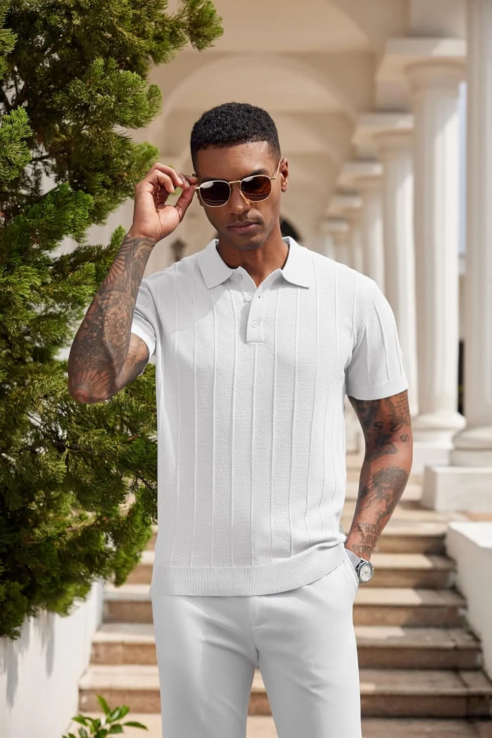 COOFANDY Mens Knit Polo Shirts Short Sleeve Ribbed Textured Polo Shirt Lightweight Casual Golf Shirts Collared T Shirt