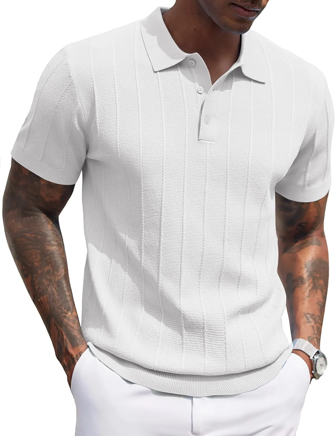 COOFANDY Mens Knit Polo Shirts Short Sleeve Ribbed Textured Polo Shirt Lightweight Casual Golf Shirts Collared T Shirt