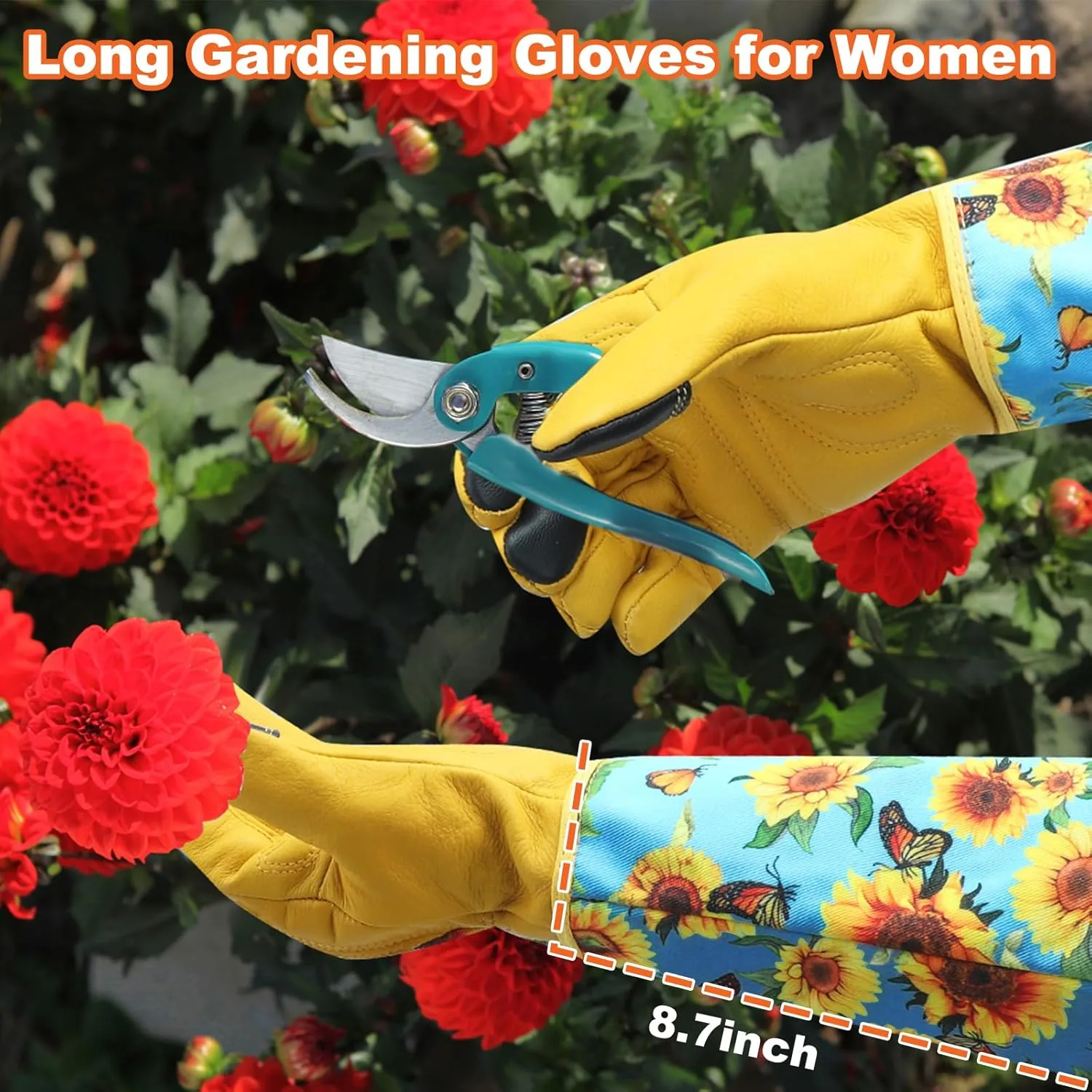 DLY Gardening Gloves for Women, Rose Gloves Gardening Thorn Proof, Long Garden Gloves for Women, Breathable Cowhide Leather Gauntlet (Large, Blue)