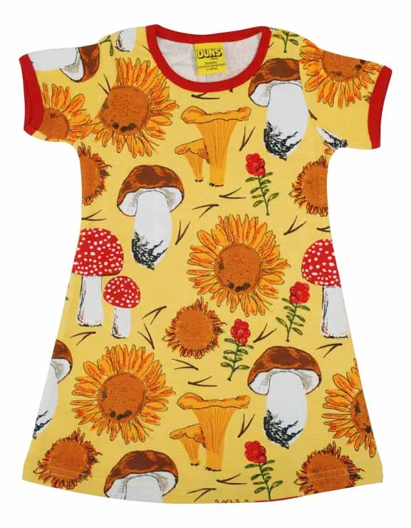 DUNS Short Sleeved Aline Dress - Sunflower and Mushrooms Yellow