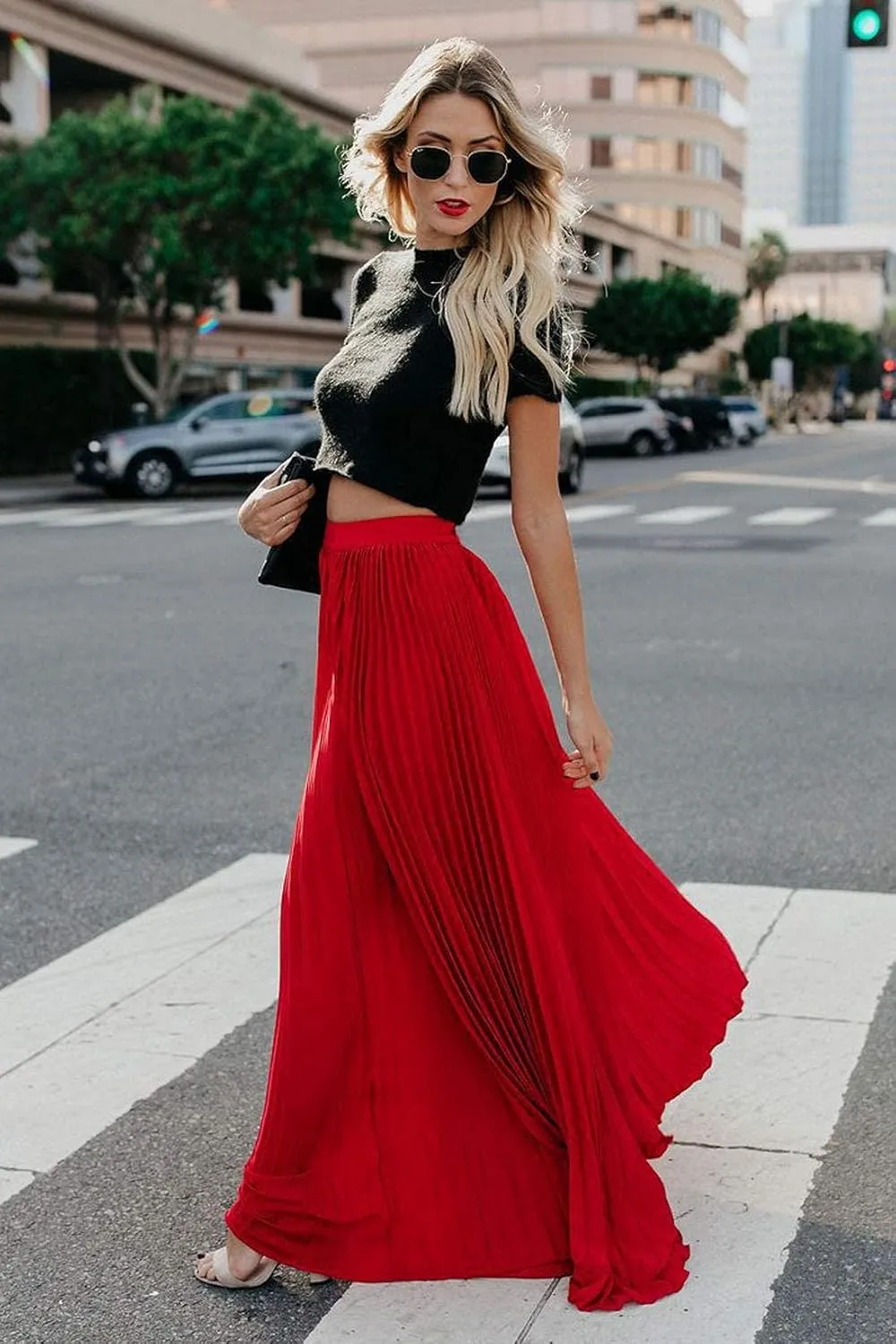 ebossy Women's High Waist Flowy Pleated Chiffon Maxi Skirt
