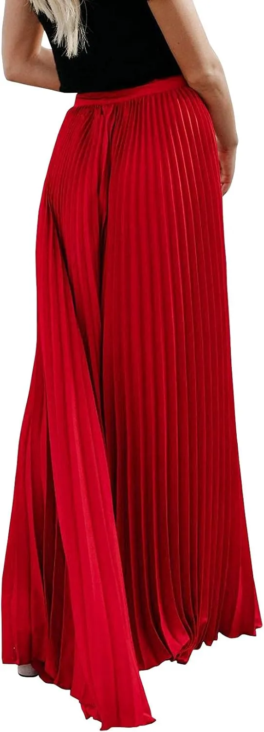 ebossy Women's High Waist Flowy Pleated Chiffon Maxi Skirt