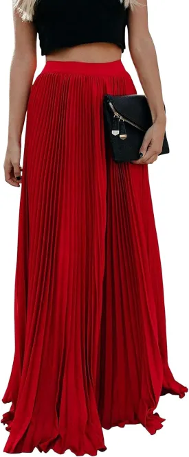 ebossy Women's High Waist Flowy Pleated Chiffon Maxi Skirt