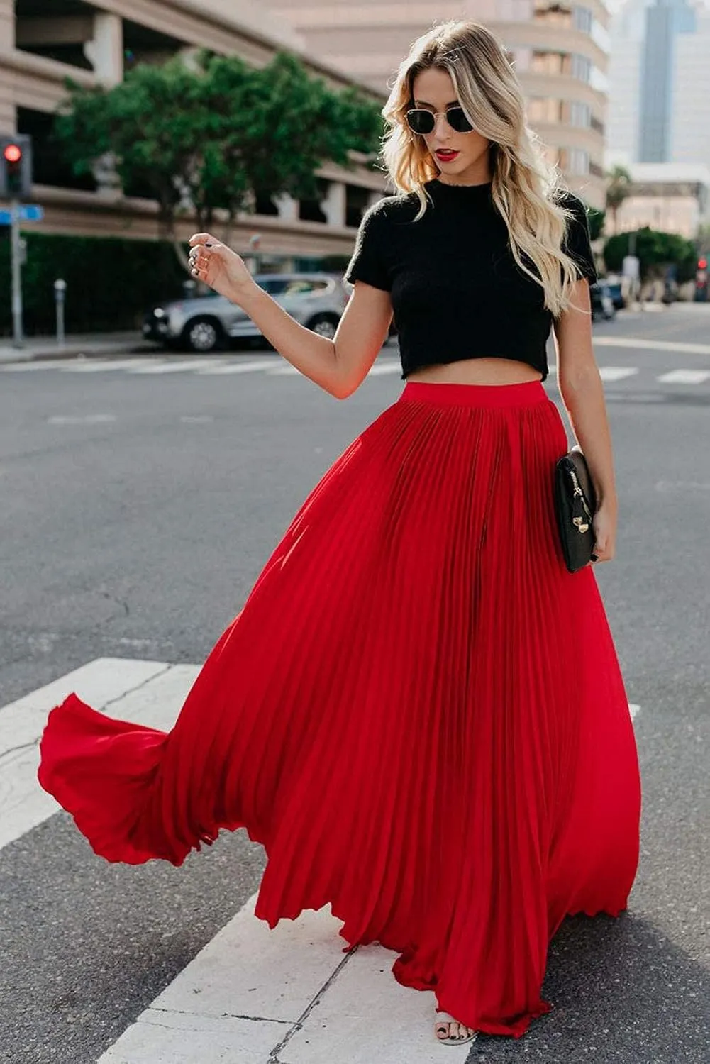 ebossy Women's High Waist Flowy Pleated Chiffon Maxi Skirt