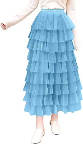 ebossy Women's Sweet Elastic Waist Tulle Layered Ruffles Mesh Long Tiered Skirt